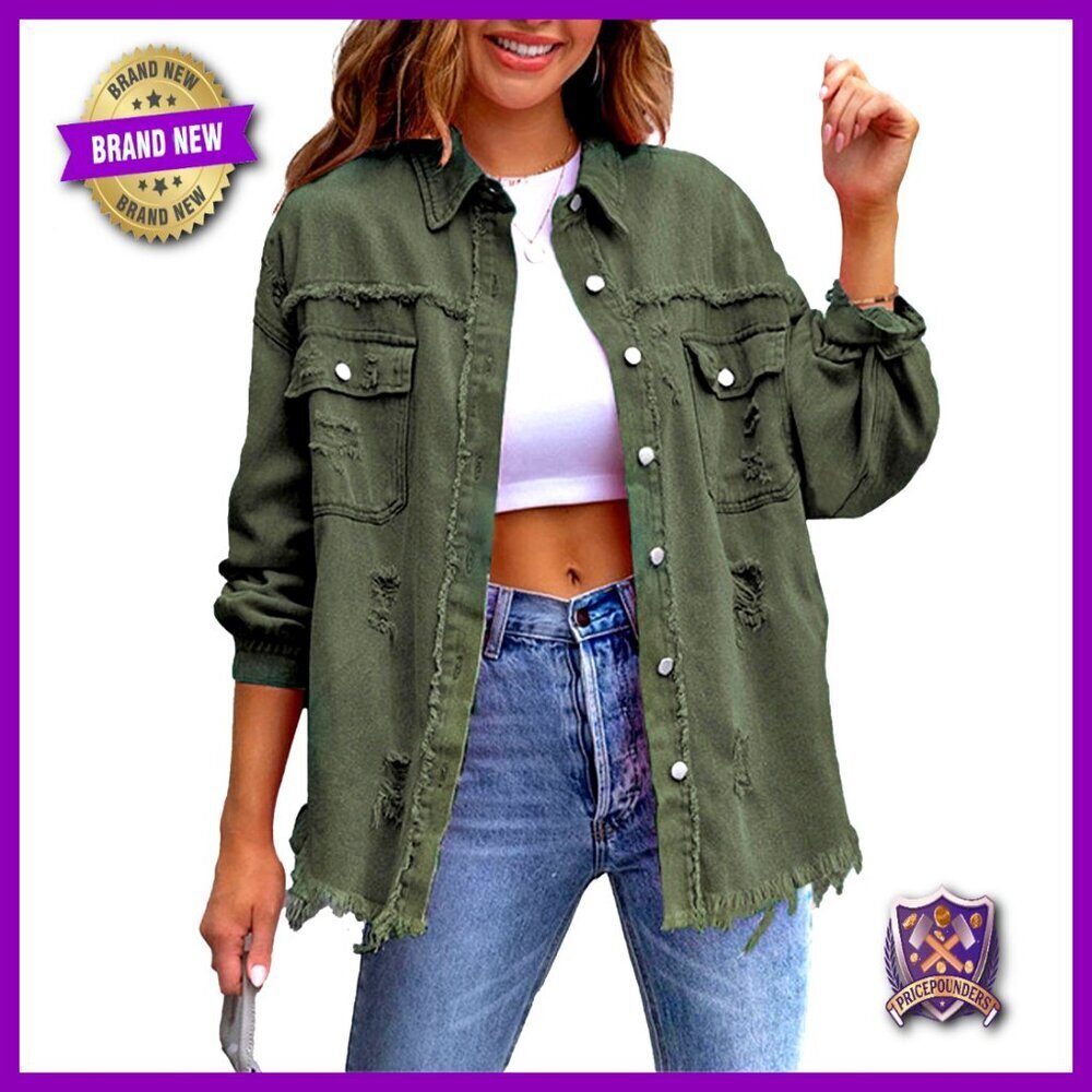 Oversized Distressed Denim Shacket Button Front Boyfriend Fit Frayed Hem